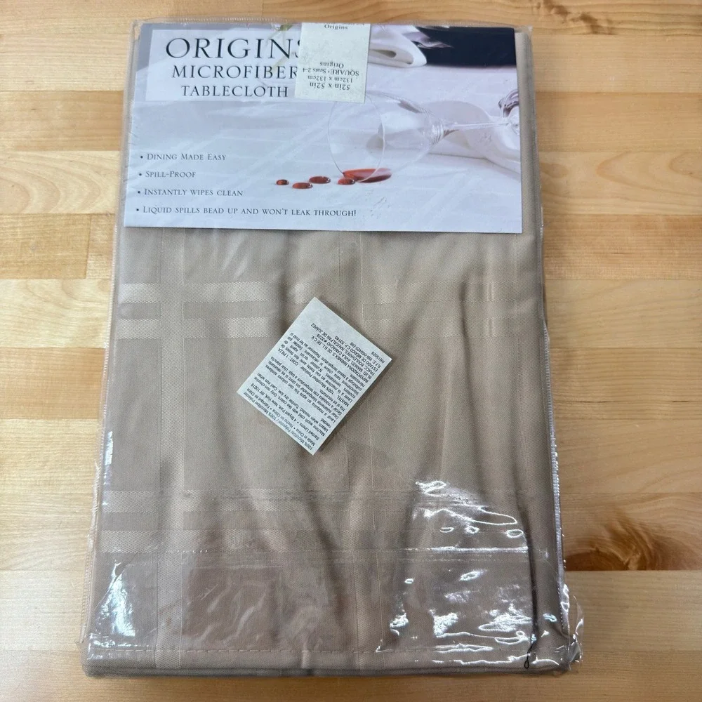 Origins Microfiber Tablecloth Beige Square 52x52 Spill Proof Damask Check NEW